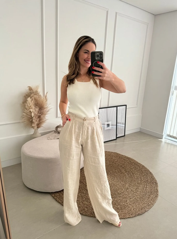 Calça Ana Reta com Pregas Linho Italiano