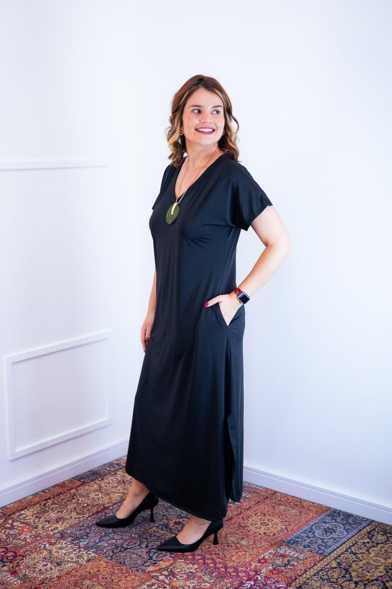 Vestido Antonella – Decote V com Fendas Laterais em Malha Confort