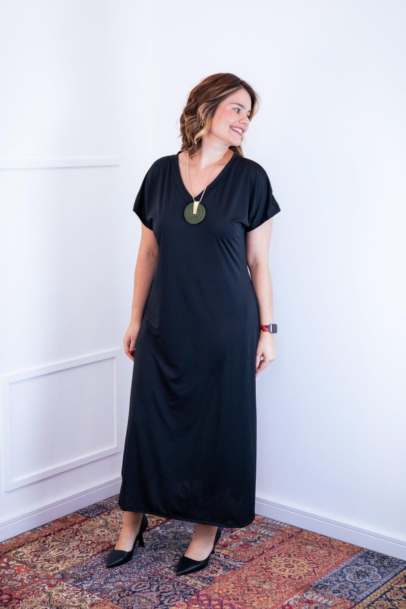 Vestido Antonella – Decote V com Fendas Laterais em Malha Confort