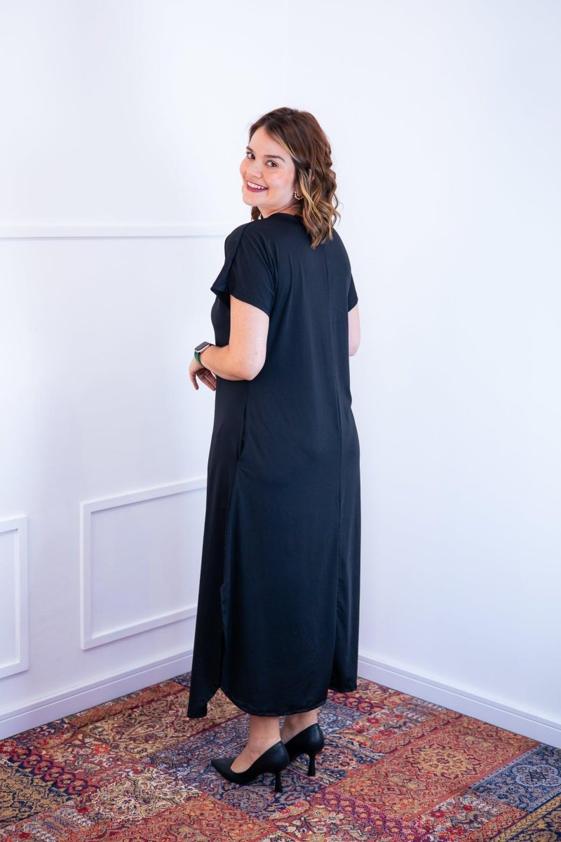 Vestido Antonella – Decote V com Fendas Laterais em Malha Confort